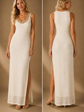 Beaded Neckline Lace Overlay Maxi Dress Slit Cream Vacation Boho Bodycon